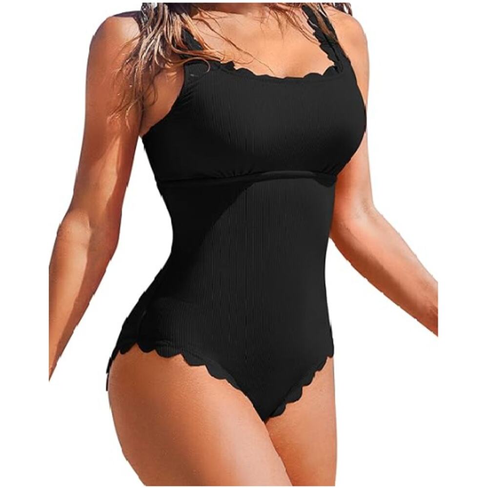Charmo Women's Black Scalloped Ribbed Square Neck Two Piece Swimsuits Size M
